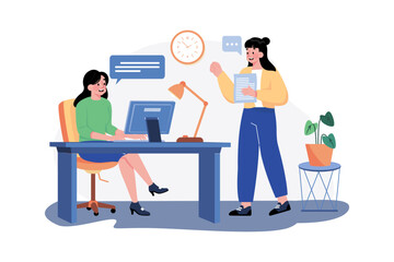 Girl chatting with employees