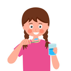 Children girl brushing teeth in the bathroom in flat design. Kids cleaning teeth to prevent tooth decay. Dental care.