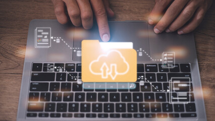 Uploading documents from folder. Open File folder with flying blank documents. Data transfer backup, File Sharing, Document Transferring concept