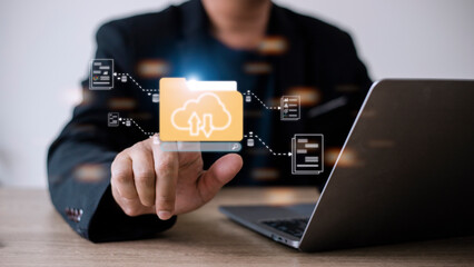 Uploading documents from folder. Open File folder with flying blank documents. Data transfer backup, File Sharing, Document Transferring concept