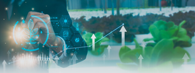 Businessman analysis data marketing modren trading stock and market with futuristic visual screen technology,smart agriculture production control,concept agricultural digital iot farming automation