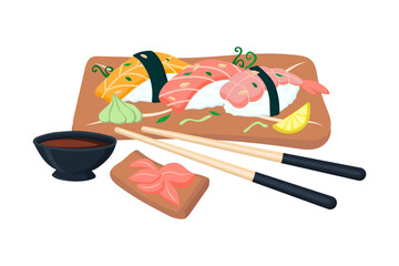 Set of sushi with seafood on a wooden plate