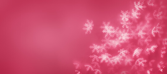 Magenta colored abstract banner with lights with copy space, white snowflakes bokeh on trend color magenta 2023 as holiday background. Mood aesthetic photo, blurred effect, celebration illumination