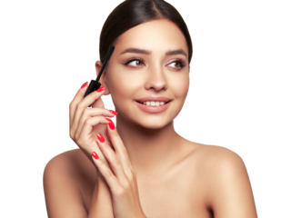 Beauty woman applying black mascara on eyelashes with makeup brush. Eyelash extensions. makeup, cosmetics. beauty, skincare