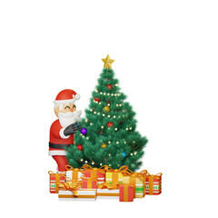 3d rendering of santa decorating a christmas tree