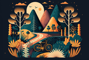 Postcard of a retro landscape of a colorful forest at night with warm colors and a bike between tall bushes