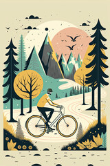 Postcard of a retro illustration of an autumn landscape of a forest in cold colors with a person riding a bike