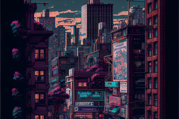 Obraz premium Pixel art of a cyberpunk city at night, 8 bit art