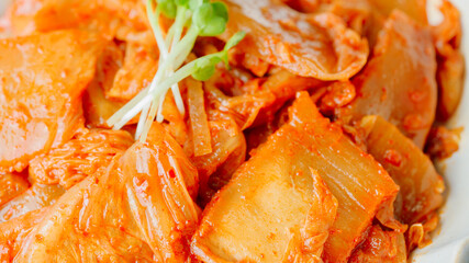 Kimchibokkeum, Stir-fried Kimchi : Well-fermented kimchi stir-fried with chopped green onion and garlic in a pan greased with oil, this is a popular side dish usually eaten with rice. It also goes wel - obrazy, fototapety, plakaty