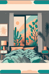 Retro illustration of an interior of a bedroom with a wonderfull view of a desert during sunset