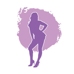 Silhouette of young slim woman standing pose. Isolated vector people. on purple background.