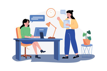 Girl chatting with employees