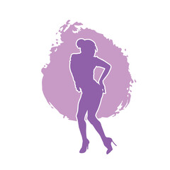 Plakat Silhouette of young slim woman standing pose. Isolated vector people. on purple background.