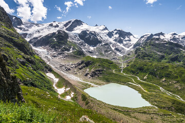 View from the Susten pass high mountain road to Stein Glacier and glacial lake Steinsee,...
