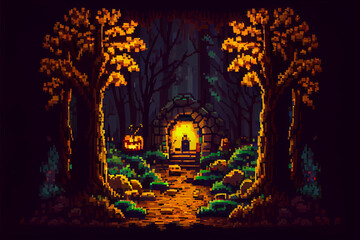 8 bit pixel art of a spooky cave