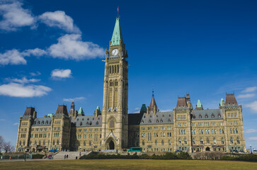 Fototapeta na wymiar Canadian Parliament Building with Peace Tower on Parliament Hill in Ottawa, Ontario, Canada