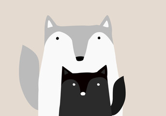 Mother Wolf with Her Baby. Hand Drawn Mommy wolf or Daddy wolf and Little Baby wolf, Happy mother's day. Happy father's day.