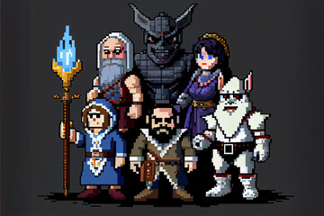 Pixel art group of characters, 8 bit art