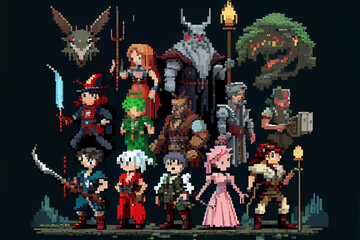 Pixel art group of characters, 8 bit art