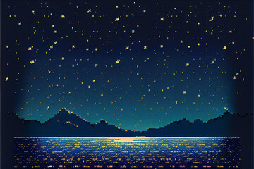 8 bit pixel art of the sea and stars