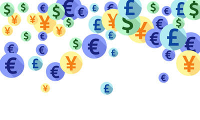 Euro dollar pound yen round icons flying currency vector illustration. Marketing pattern. Currency