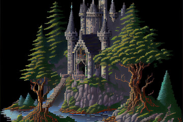 Fototapeta premium 8 bit Pixel art of a castle on a hill