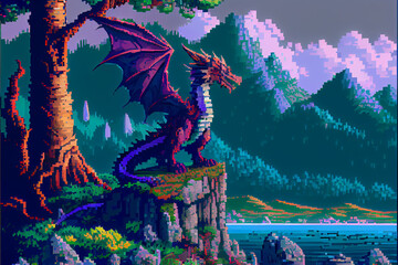 Pixel 8 bit art dragon landscape