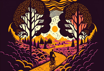 Retro illustration of a beautiful forets during autumn showing gorgeous sunset colors between the big trees
