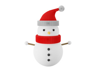 3d render of white snowman with red hair velvet scarf and hat on Transparent background