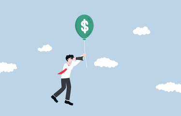 Inflation forecast and economic analysis for investment opportunity, searching new market concept. Businessman flying with inflation balloon and using telescope to find where to make money.