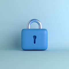 Blue padlock cartoon style, 3d rendering illustration
