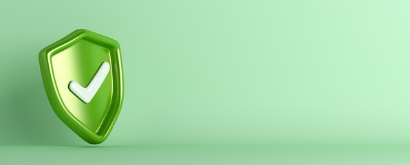 Green shield with check mark, secured protection concept, 3d rendering illustration