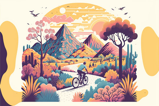 Illustration of a colorful autumn forest landscape with big mountains and a bike traveler in retro style