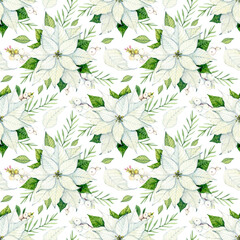 White Poinsettia. Seamless pattern. Christmas flowers painted in watercolor. For packaging, decoration, fabric, etc.