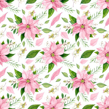 Poinsettia. Seamless pattern. Christmas pink flowers painted in watercolor. For packaging, decoration, fabric, etc.
