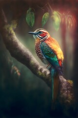 A lovely bird perched on a tree branch, its feathers illuminated by the sun's warm rays.
