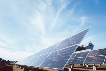 Fototapeta premium Solar plant(solar cell) with the cloud on sky, hot climate causes increased power production, Alternative energy to conserve the world's energy, Photovoltaic module idea for clean energy production.