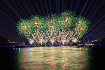 Beautiful fireworks and iconic Bangkok landmarks are illuminated by light displays and projection mapping during the Vijit Chao Phraya festival.