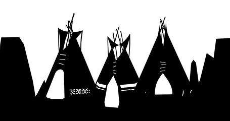 Silhouettes Indians wigwam hut made of felt and skins. Village among stones of cliffs. North American tribal dwelling. Traditional home of nomadic peoples. Isolated on white background Vector. © WebPAINTER-Std