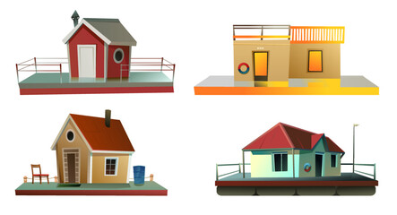 Set of Floating house. Dwelling with small courtyard on water. Isolated on white background. illustration vector.