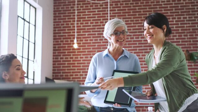 Idea, tablet and presentation of woman in office for marketing company development discussion. Goals, strategy and insight of senior advertising employee explaining documents proposal on screen.