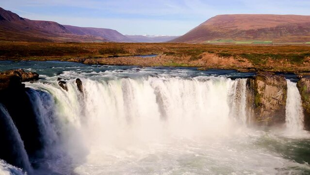 Godafoss Waterfall in Iceland is nicknamed the Waterfall of the Gods. Some believe that the name comes from the fact that the waterfall is god-like in beauty. It Its fed by the river Skjalfandafljot.