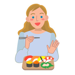 寿司を食べる外国人女性の上半身