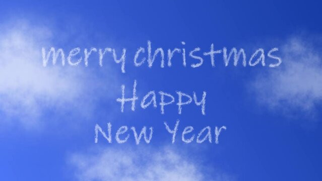 Merry Christmas and Happy New Year Text or Word with Cloud Effect Symbol Animation on Blue Sky