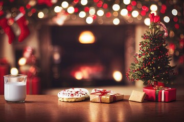 Christmas Milk & Cookies for Santa Christmas Tree Fireplace Presents Home Holiday Fireplace Background Image