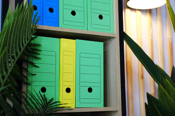 File folders for storing documents are on a wooden shelf in the office.