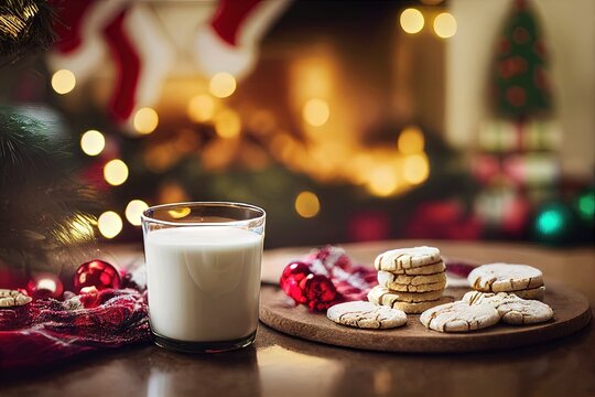 Christmas Milk & Cookies for Santa Christmas Tree Fireplace Presents Home Holiday Fireplace Background Image