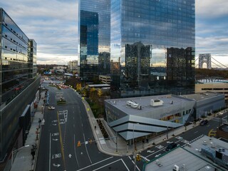 Aerial view of modern buildings and streets in Fort Lee, New Jersey at sunset