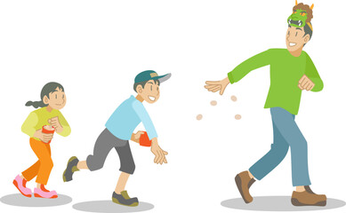 節分に豆まきをする親子