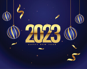 Naklejka premium 2023 new year invitation poster with christmas bauble and golden confetti design vector illustration